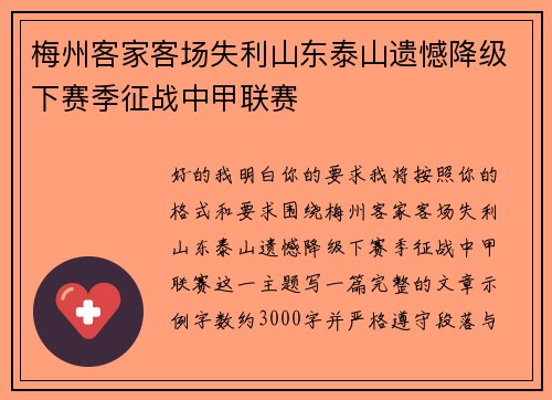 梅州客家客场失利山东泰山遗憾降级下赛季征战中甲联赛