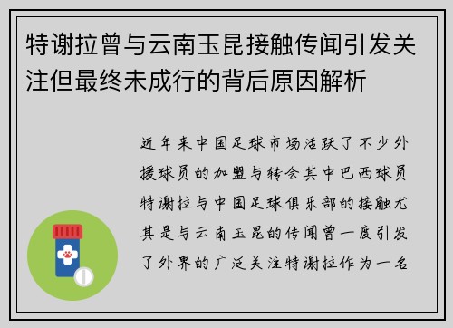 特谢拉曾与云南玉昆接触传闻引发关注但最终未成行的背后原因解析